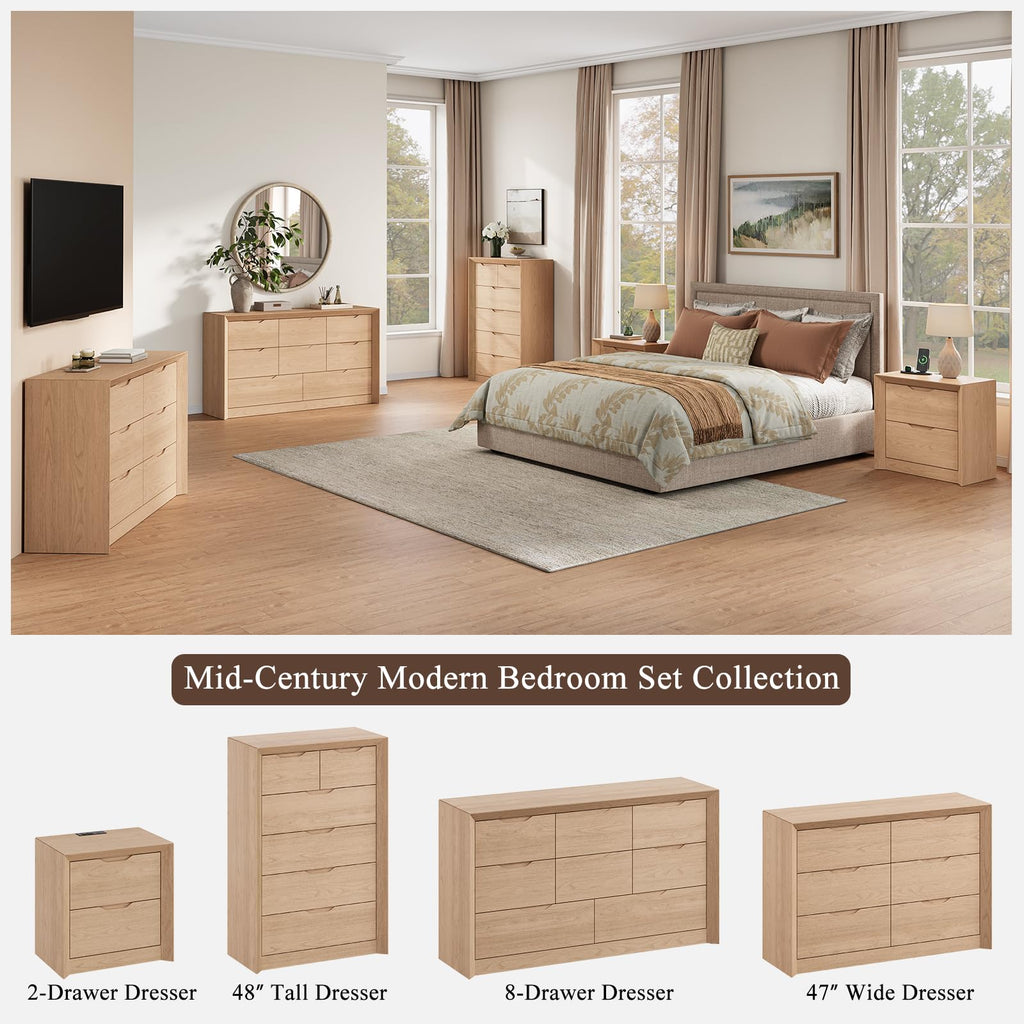 Natural Oak 8 Drawer Dresser, 55" Wide Chest of Drawers