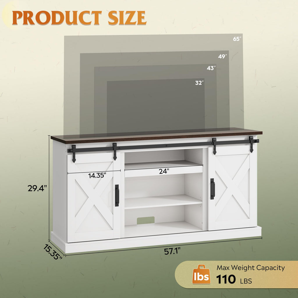 Farmhouse TV Stand for 65 Inch TV, Sliding Barn Doors, White