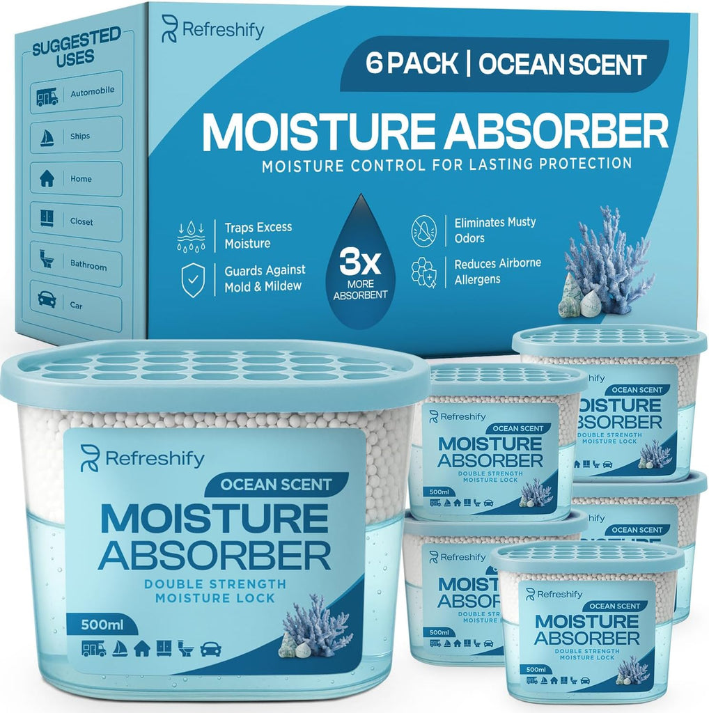 Premium Moisture Absorbers and Dehumidifier Tubs - High-Efficiency Closet Dehumidifier, Ocean Scent, 6 Pack, 7.5 Oz