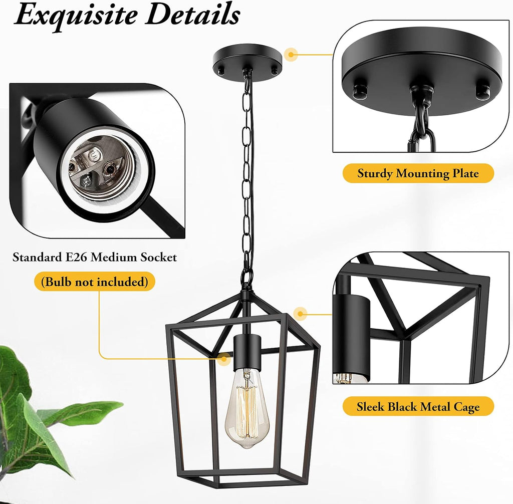 Farmhouse Black Pendant Light for Kitchen Island Industrial Hanging Lantern Fixture Modern Metal Cage Lamp Chandelier