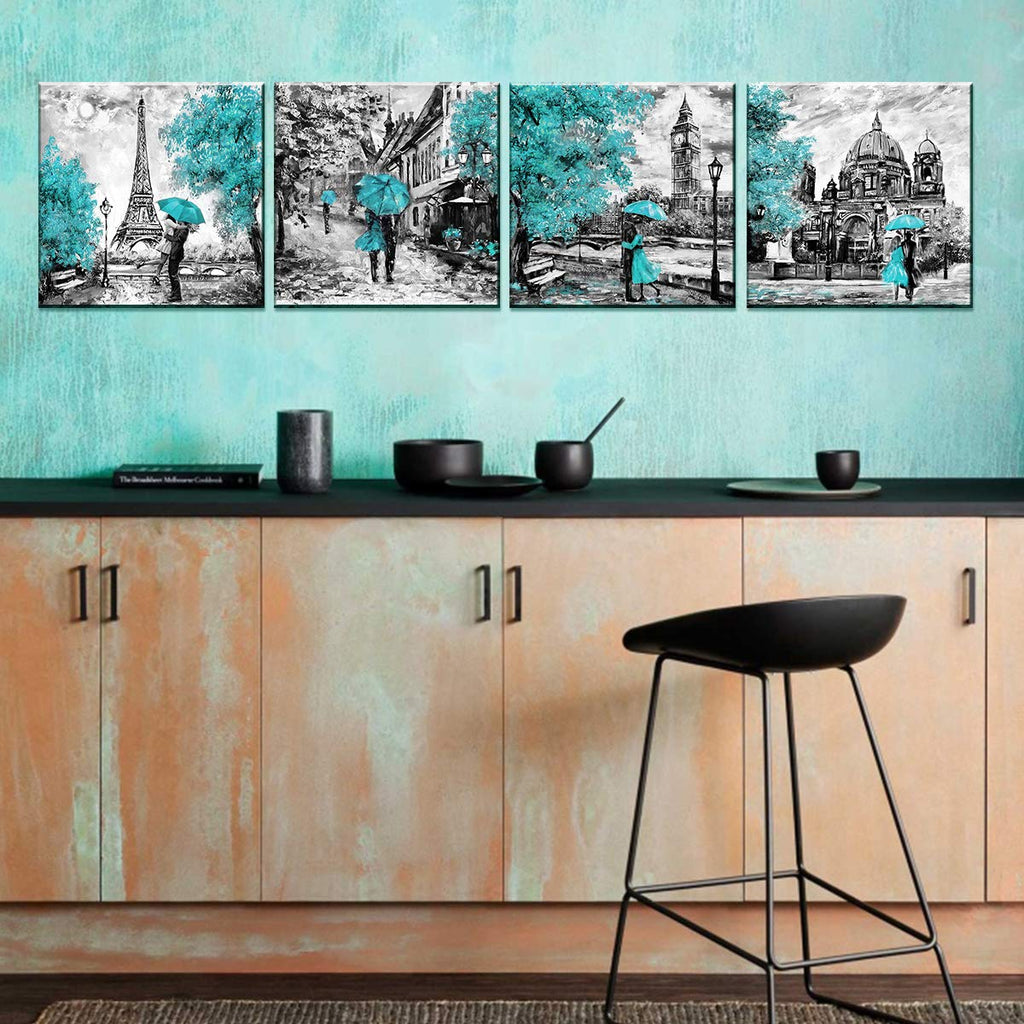 Paris Eiffel Tower Wall Decor Teal Cityscape Wall Black and White Umbrella Couple London Big Ben Prints Painting