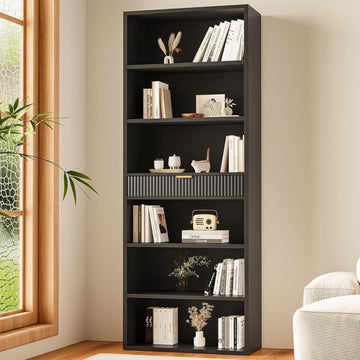 72" Tall Bookshelf with Storage, 7-Tier Bookcase Fluted with Drawer, Display Book Shelf Book Organizer with Anti-tip