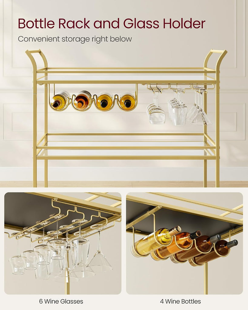 Bar Cart Gold, Large Home Bar Serving Cart with 3-Tier Mirrored Shelf, Wine Holders, Glass Holders, Kitchen, 15 x