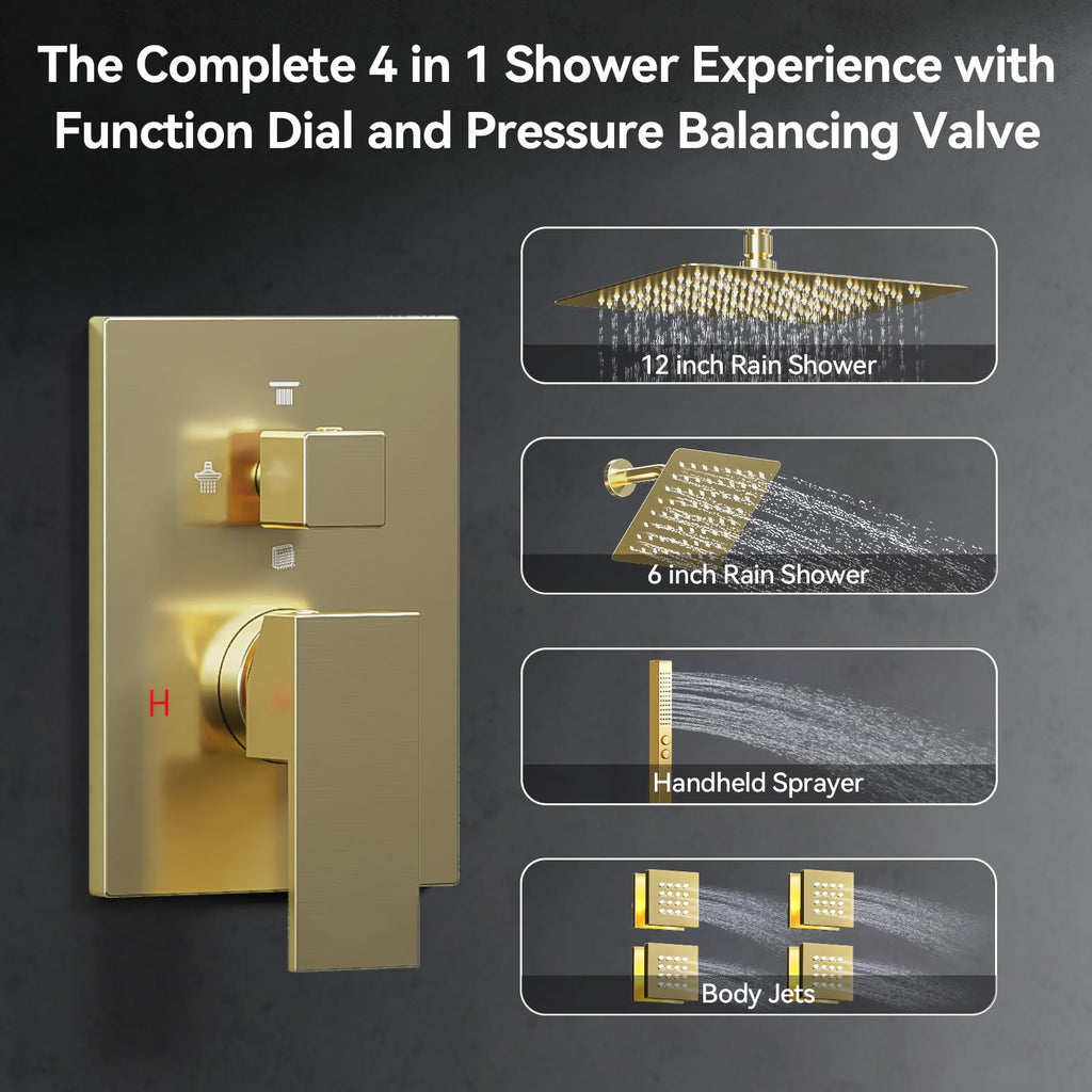 Brushed Gold Shower System with Body Jets, 4 Way Shower Faucet Set with 2 in1 Handheld,Ceiling Mount 12 Inch Shower