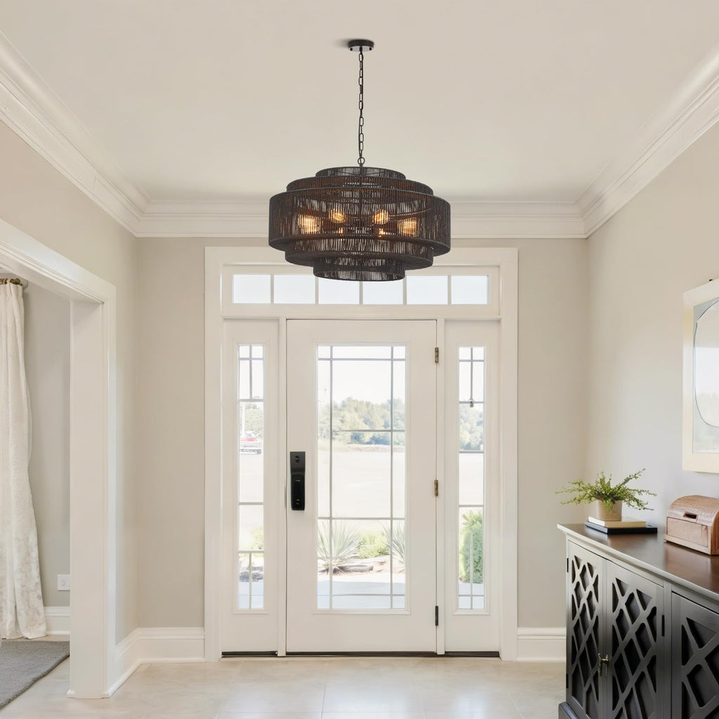 31.5" Large Black Rattan Chandelier, 8-Light Drum Light Fixture