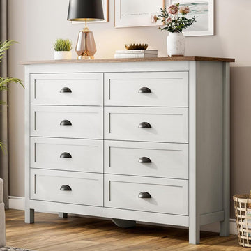 Antique White 8 Drawer Dresser, Farmhouse Wood Chest