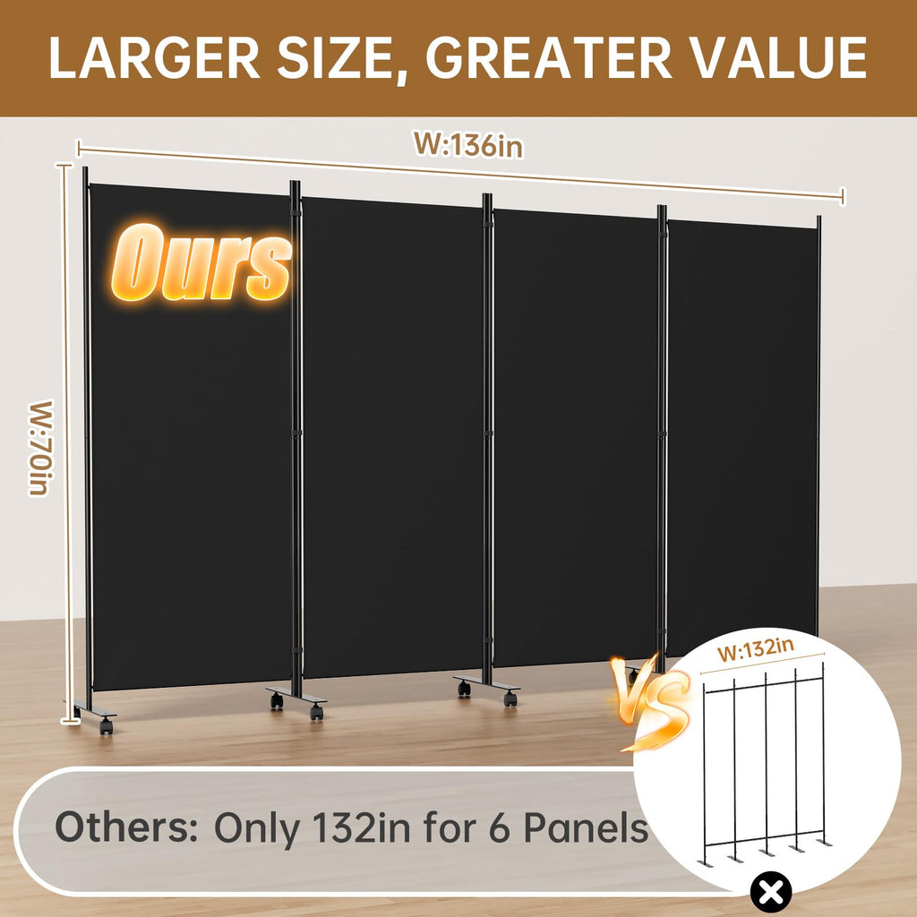 Room Divider 136'' Wide Folding Room Divider Panel with Wheel, Upgraded Base