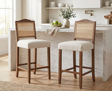 Counter Height Bar Stools Set of 2 Farmhouse Barstools with Rattan Back Linen Upholstered Bar Chairs Mid Century Wood
