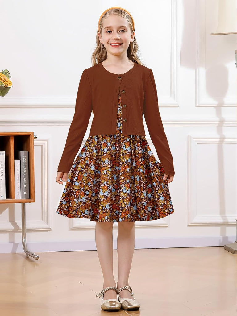 Girls Casual Adjustable Strap Sleveless Dress Cardigan Set