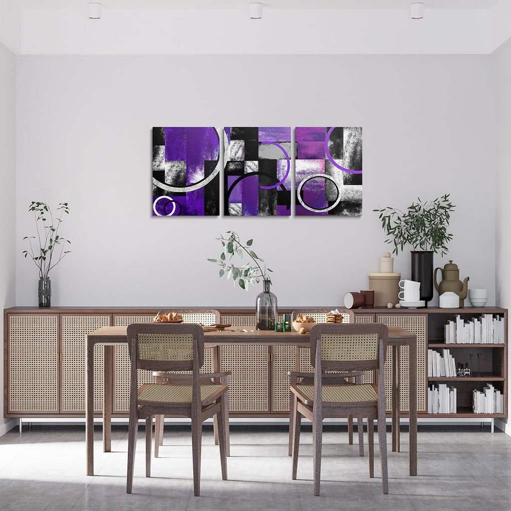 Purple & Grey Black Canvas Wall Art - Geometric Circle & Rectangle Square Bathroom Wall Decor Decor Abstract Artwork