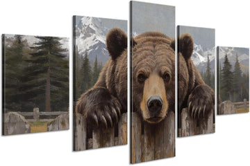 5 Piece Brown Bear Canvas Wall Art - Framed Animal Pictures Bear Wall Decor Paintings, Lightweight & Easy Hanging