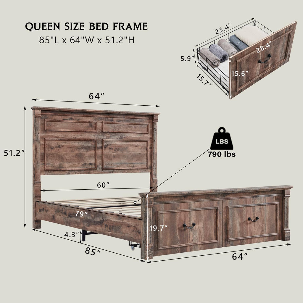 Farmhouse Queen Bed Frame with 51" Tall Headboard, Wood Platform Bed Frame with 20" Tall Roman Column Decoration