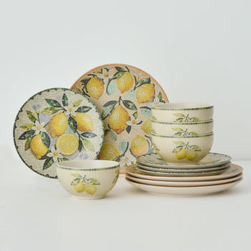 12-Piece Ceramic Dinnerware Set for 4, Lemon Mosaic Printed Plates and Bowls Set, Mediterranean Style Matte Stoneware