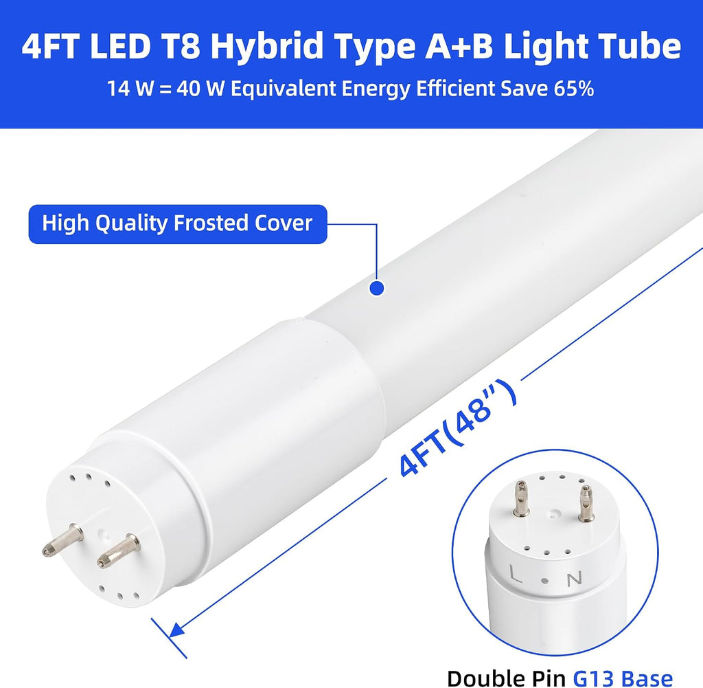 T8 LED Bulbs 4 Foot,186LM/W,14W 2600LM 5000K, T8 Type A+B, DLC 6.0