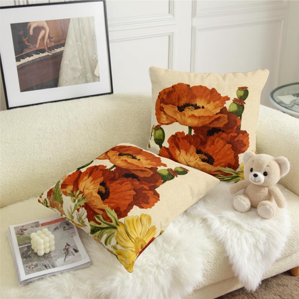 Retro Poppy Pillow Covers Red and Yellow Flower Pillowcases Rustic Botanical Floral Throw Pillow Covers 20x20 Set of