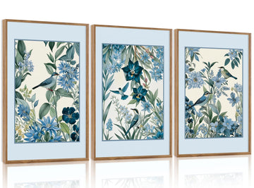 3 Pcs Blue Birds Flowers Framed Canvas Wall Art 24x36 Inch