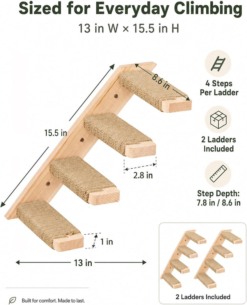 Cat Climbing Stair Shelf, Wall Mounted Reversible Ladder 2PCS 4 Steps