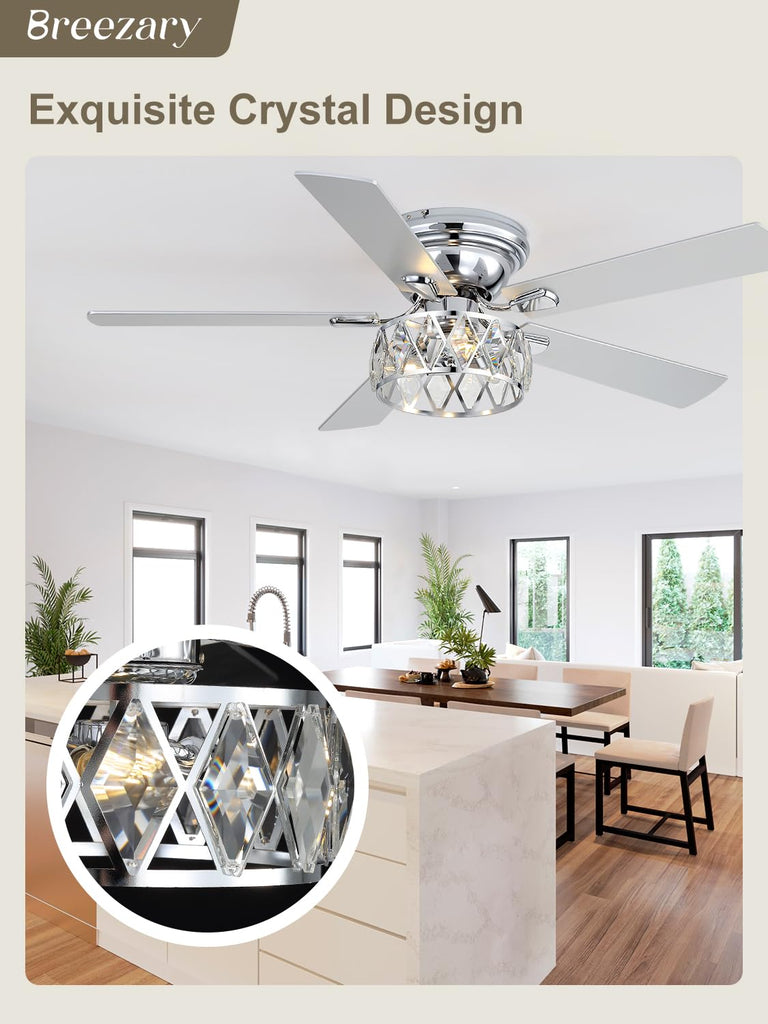 52 Inch Flush Mount Ceiling Fans with Lights and Remote, 5-Blade, 6-Speed Reversible DC Motor, Modern Low Profile