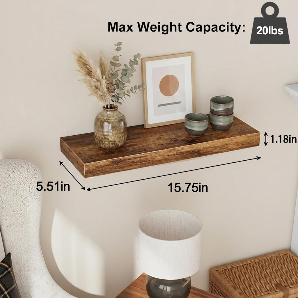 Floating Shelves for Wall Decor (Rustic Brown, Set of 4, 15.7 Inch) | MDF Shelves with Metal Brackets, Space Saving