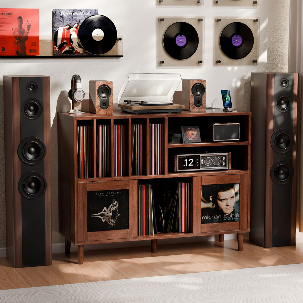XL Record Player Stand with Sliding Doors, 500+ Vinyl Record Storage Cabinet