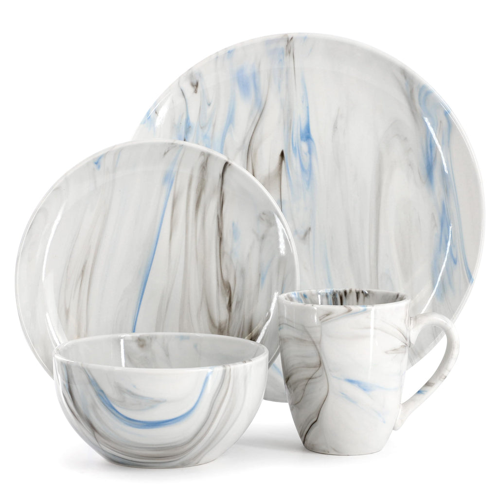 Fine Marble 16 Piece Porcelain Dinnerware Set, Tableware Set, Everyday Dining, Service for 4 (Blue/Gray)