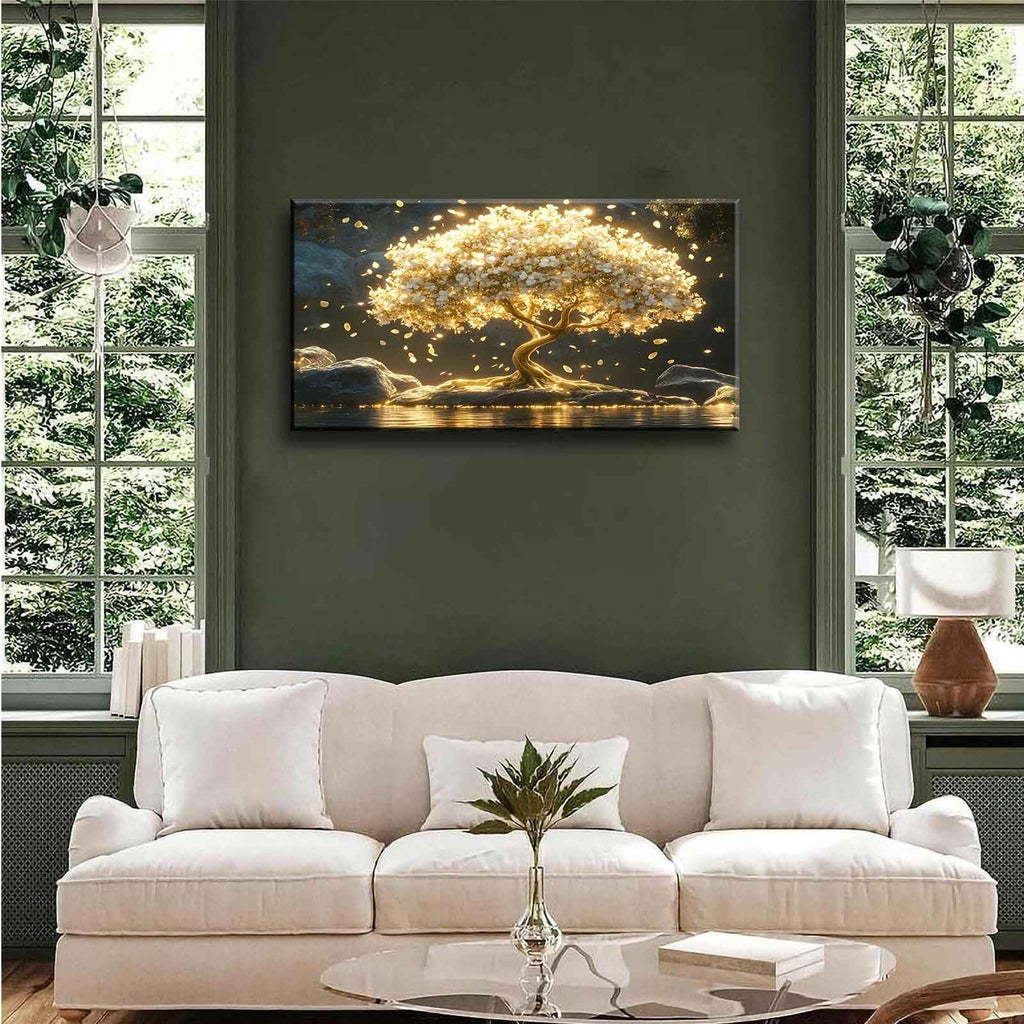Large Tree of Life Canvas Wall Art Abstract Gold Tree Mountain Lake Decor painting Pictures Nordic Golden White
