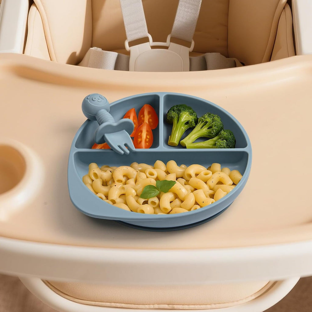 Piece Silicone Baby Feeding Set - Divided Suction Plate with 3 Sets of Spoons and Forks, BPA-Free Toddler Plates
