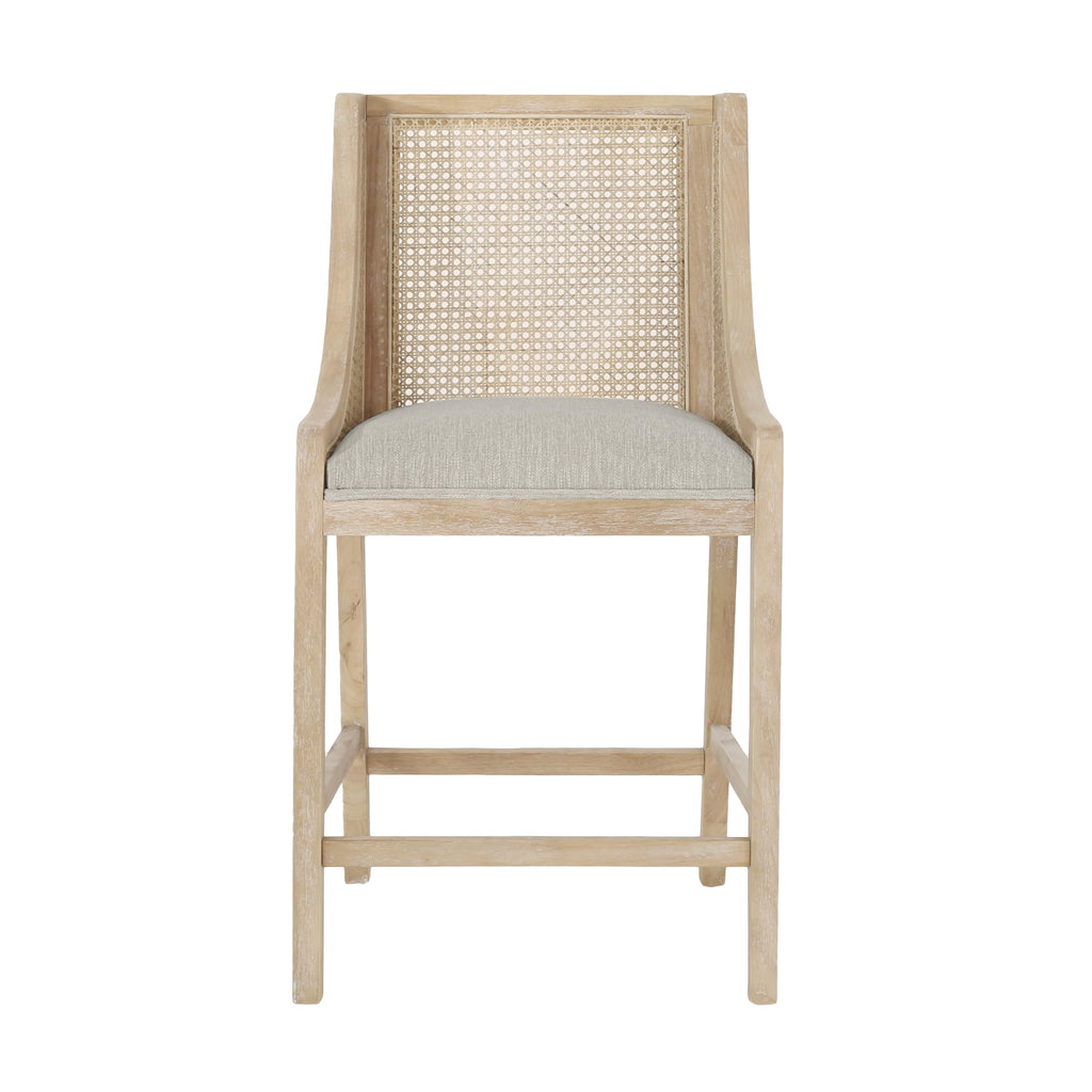 25.5" Fabric Upholstered Wood and Cane Counter Stools with Backrest, Set of 2, French Country Barstools