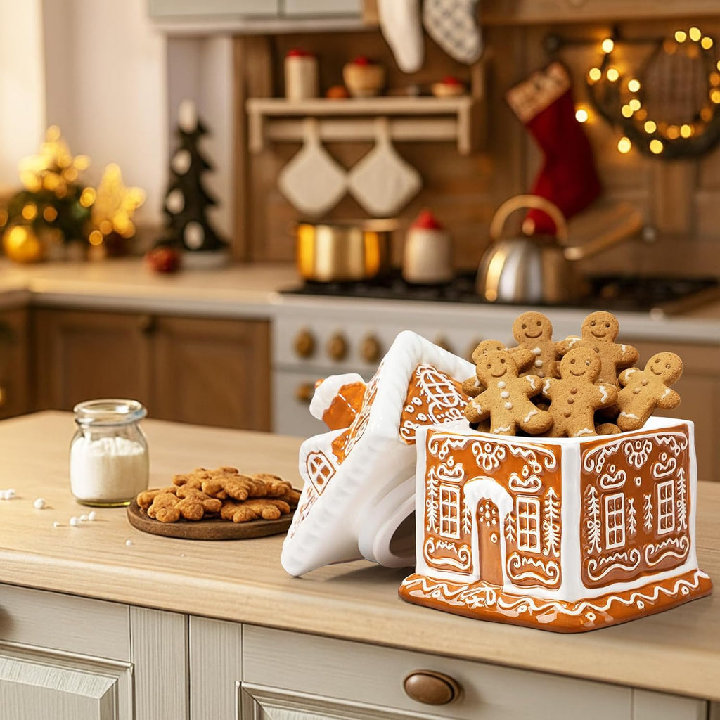 Gingerbread House Christmas Candy Jar with Lid 9.3 Inch Ceramic Christmas Cookie Jar Decorative Treats Storage