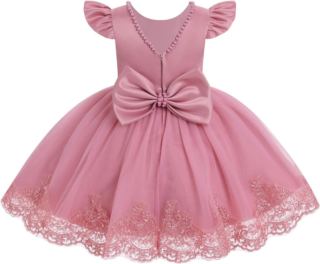 Toddler Baby Flower Girl Dress Pearl Lace Tulle Tutu Dress Headband Birthday Party Wedding Formal Pageant Gown
