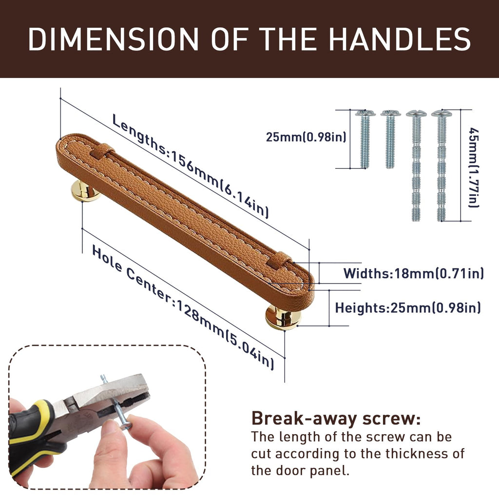 2 Pack Leather Cabinet Handle Pulls 5" Hand-Stitch Brown Leather Drawer Pulls Dresser Handle Pulls for Cabinets