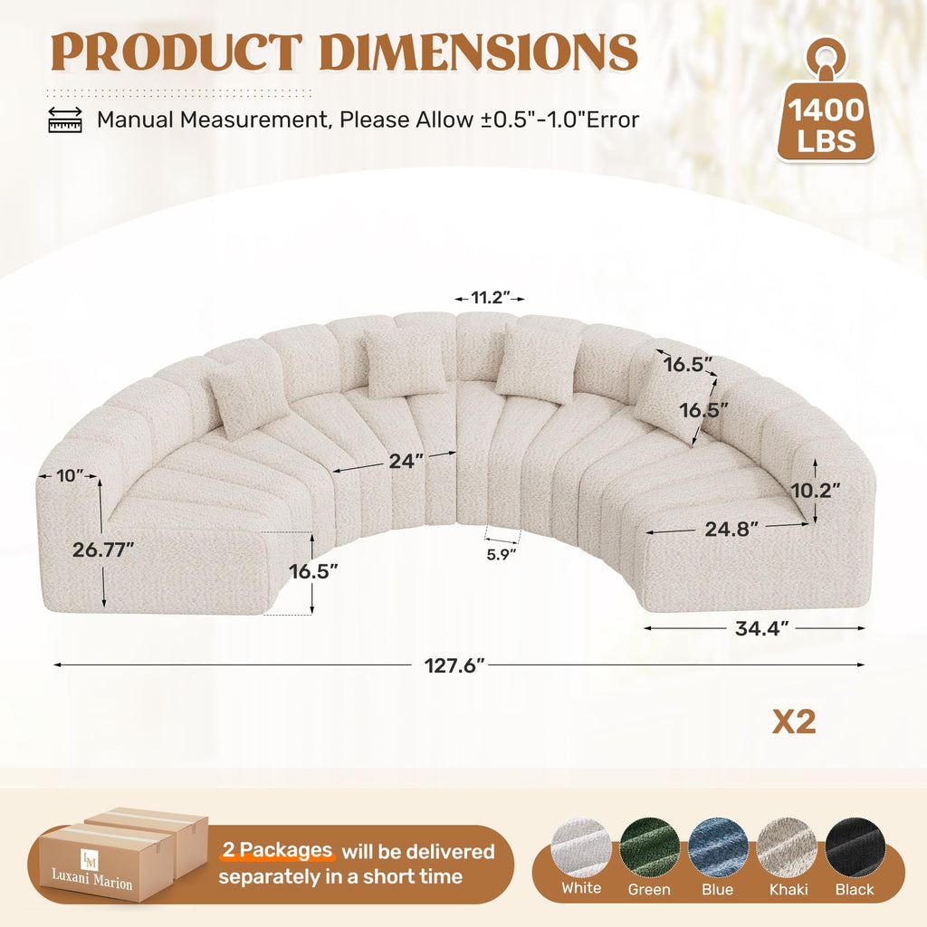 Oversized Curved Cloud Couch, 8 Seater Modern Round Modular Sectional Sofa, Convertible Boneless Couches, No