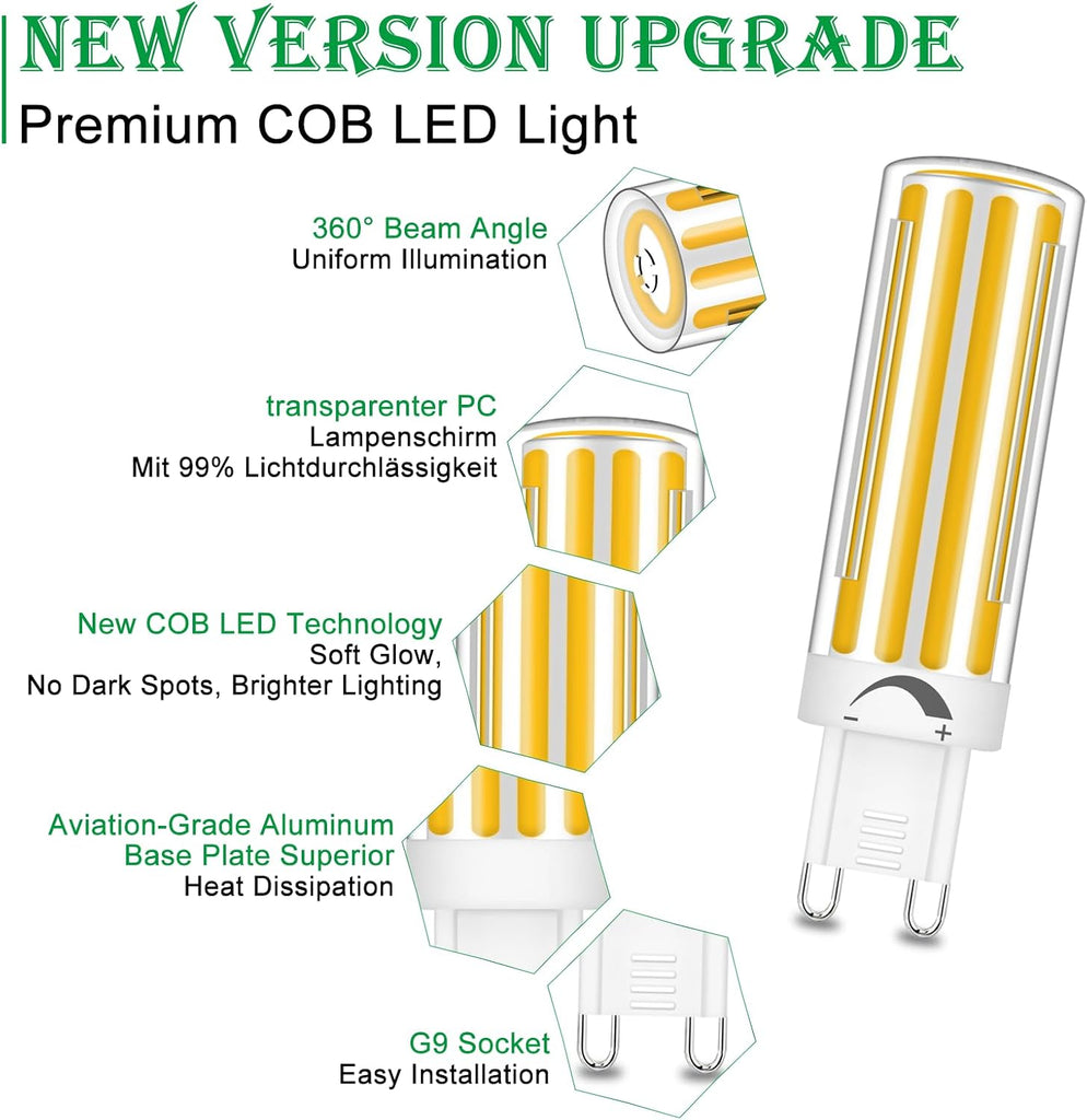 G9 Bi-Pin COB LED Bulbs Dimmable 10W 120V Warm White 3000K 3-Pack