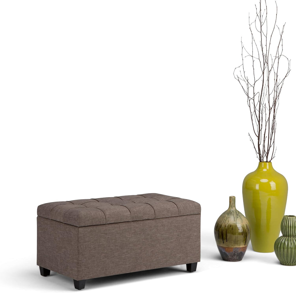 Sienna 33" Wide Vegan Leather Storage Ottoman in Satin Cream | Tanners brown, transitional ottoman with tufting and