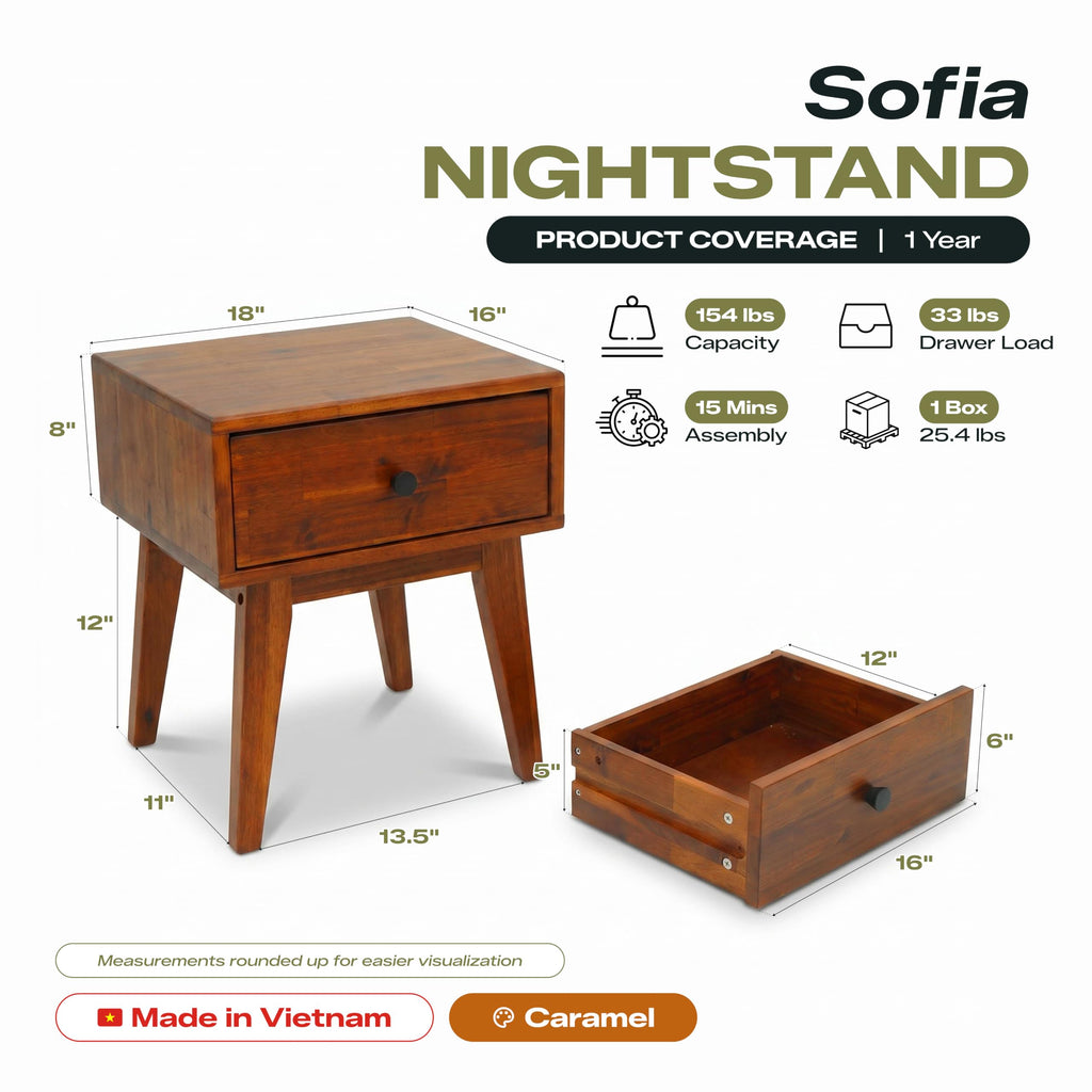 Sofia Nightstand with Drawer, Bedside Table, Solid Wood Bedside End Table with Drawer and Storage Space, Caramel