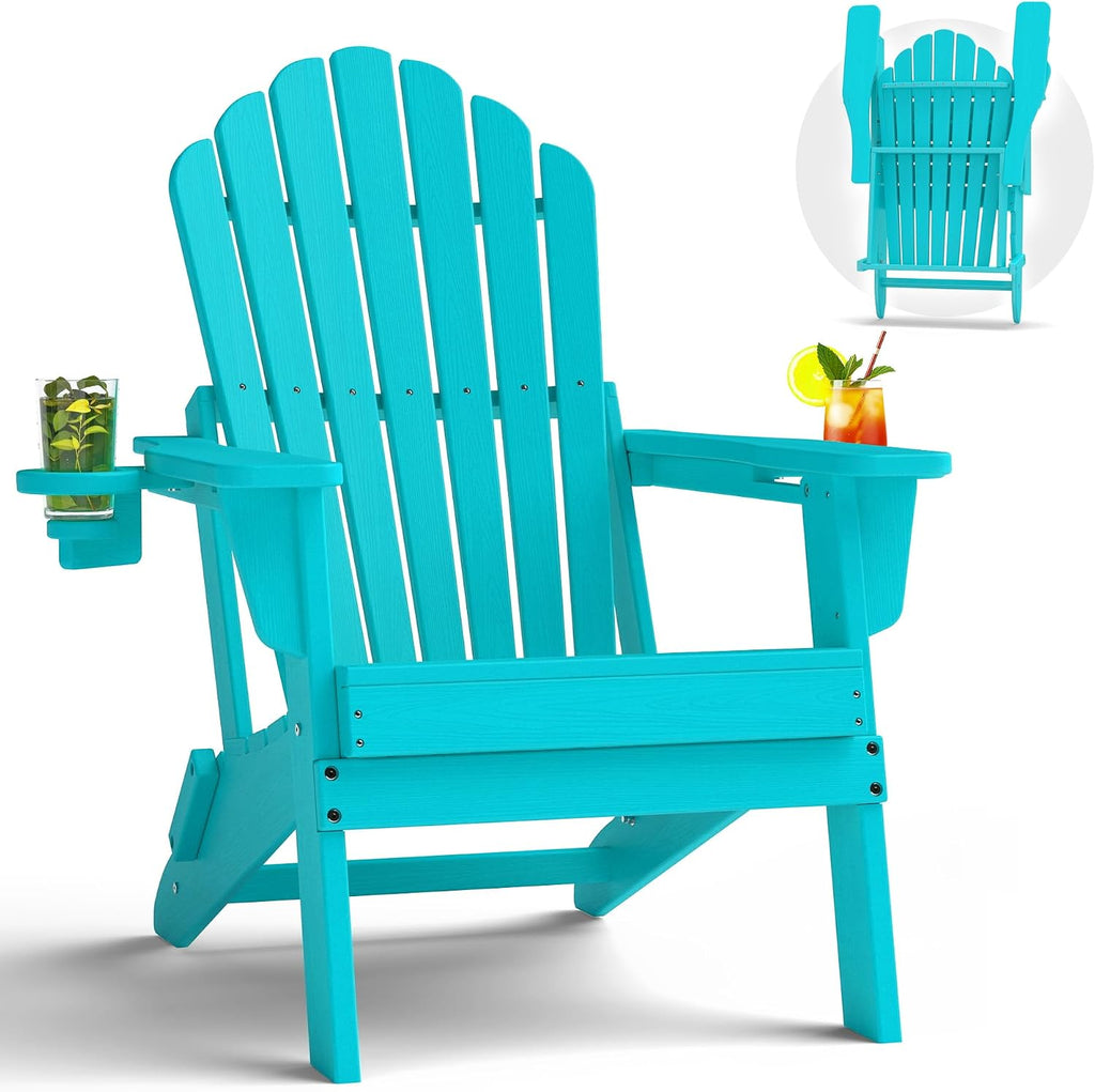 Oversized Folding Adirondack Chair, HDPE All-Weather Patio Chair with 2 Cup Holders, High Back Wide Seat Fire Pit