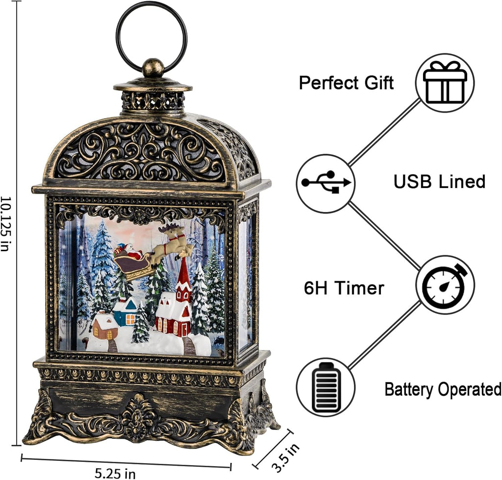 Christmas Village Snow Globe Lighted Flying Santa Scene, Musical Snow Water Lantern Swirling Glittering Home