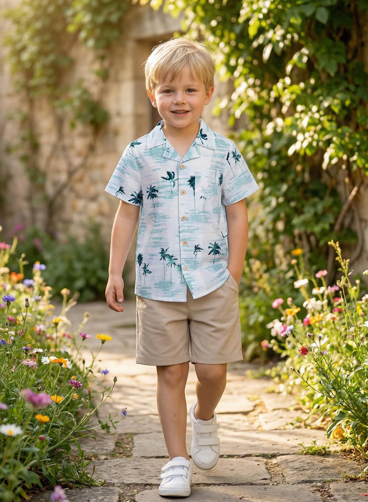 Toddler Baby Boy Outfits Summer Clothes Kids Coconut Trees Pattern Short Sleeve Button Down Shirt & Elastic Waist