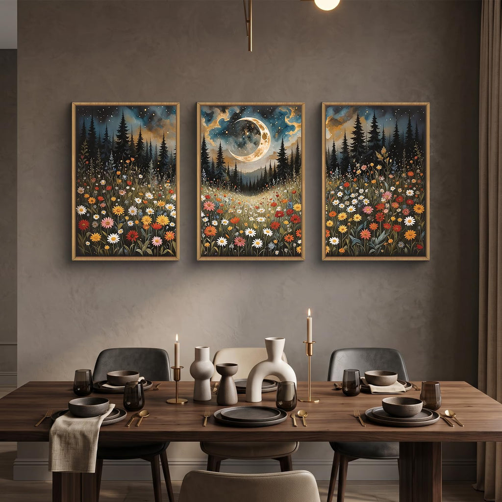 Wildflower Moon Forest Framed Canvas Wall Art Set, Nature Pine Tree Wall Decor, Mystical Starry Night Artwork Rustic