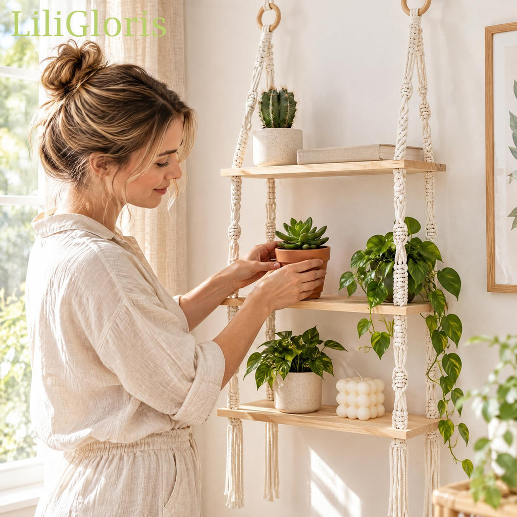 3-Tier Boho Hanging Shelves for Wall - Rustic Floating Wood Shelves with Rope, Macrame Plant Shelf Organizer Decor