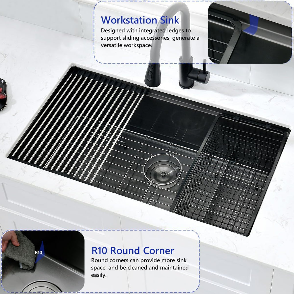 32" Undermount Workstation Kitchen Sink, 16 Gauge T304 Stainless Steel Single Bowl, 32x19x10 Deep Ledge Sink with