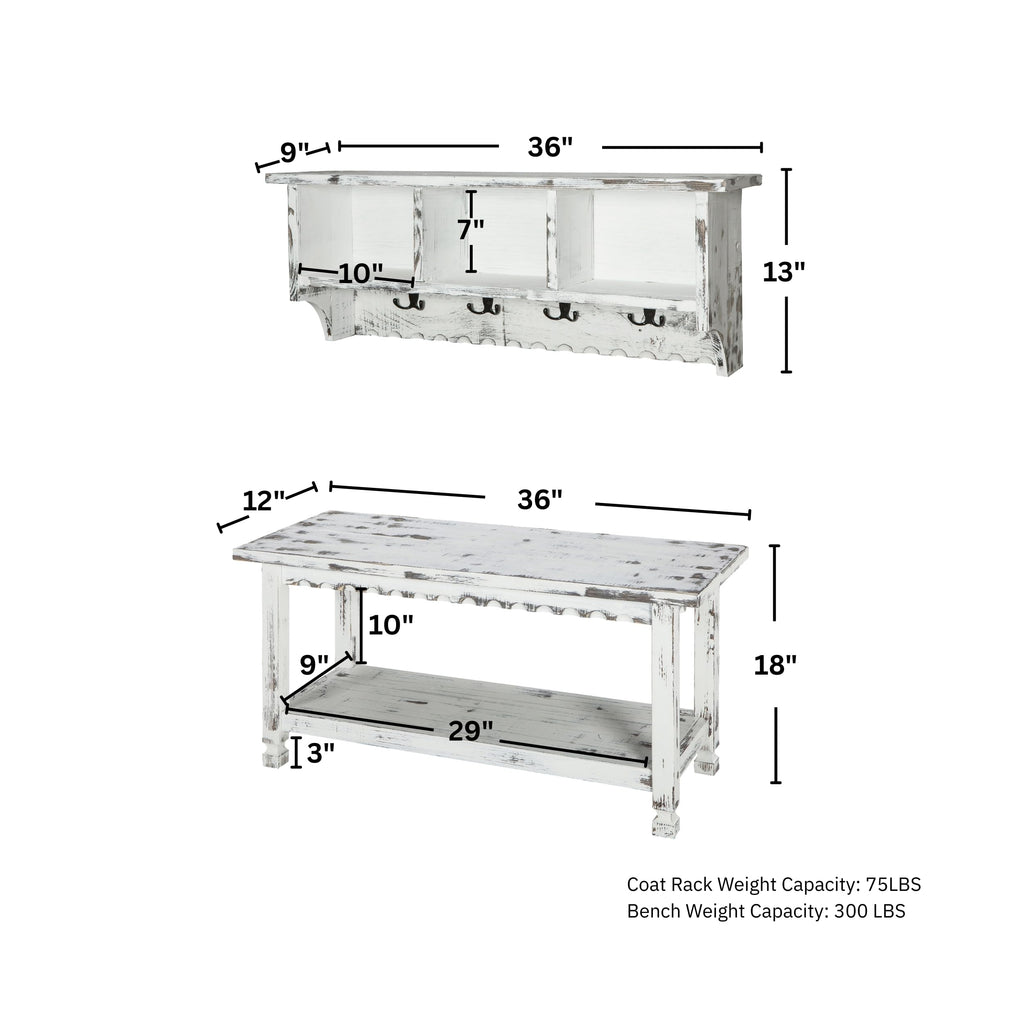 Country Cottage 36" Entryway Coat Rack and Bench Set - Wall Mounted Coat Hanger with 3 Cubbies, 4 Double Hooks &