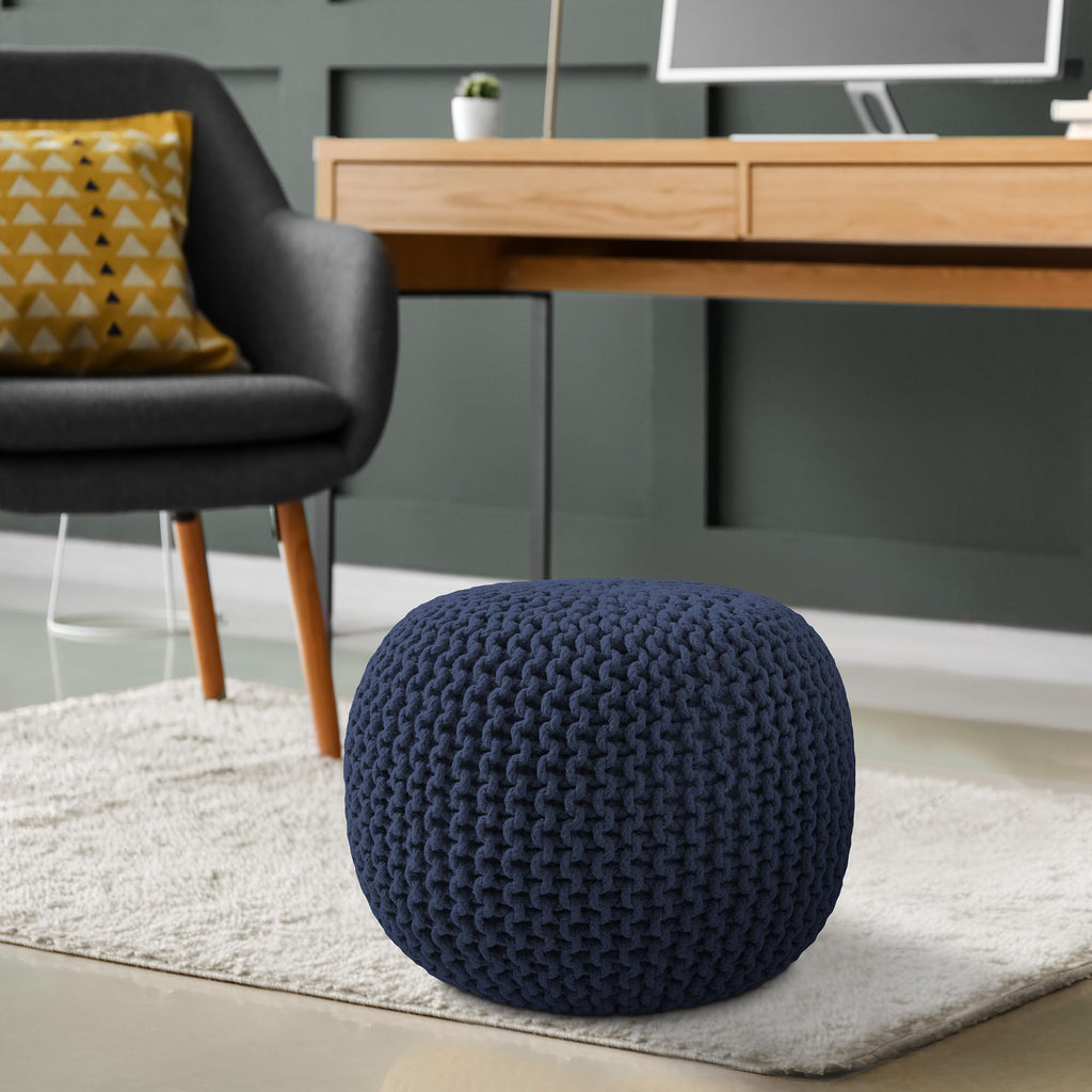Round Pouf Ottoman, Navy Blue - 20" Diameter x 14.5" High Cotton Knit Foot Stool - Boho Floor Pouffe
