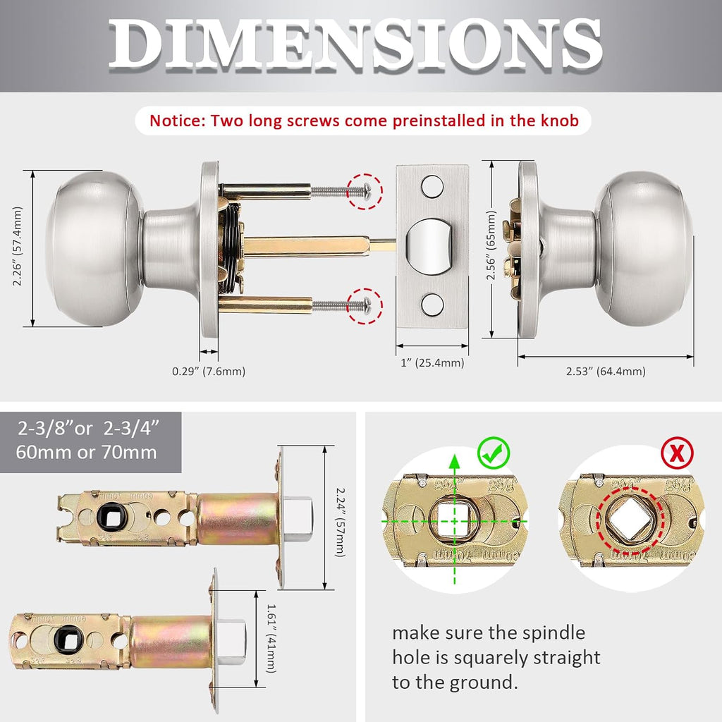2 Pack Round Passage Door Knob (Non-Locking Knobs), Keyless Door Knobs Interior/Exterior Door Lockset, Passage Knobs