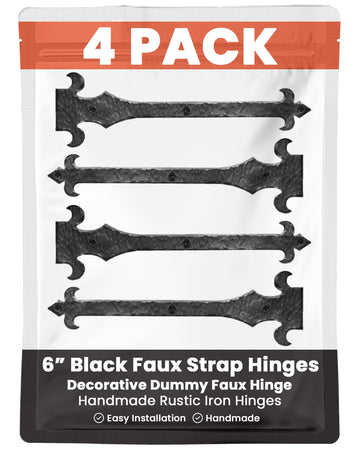 4 Pack 6" Black Faux Strap Hinges - Hand Forged Dummy Faux Hinge - Handmade Rustic Iron Hinges for Farmhouse Shutter