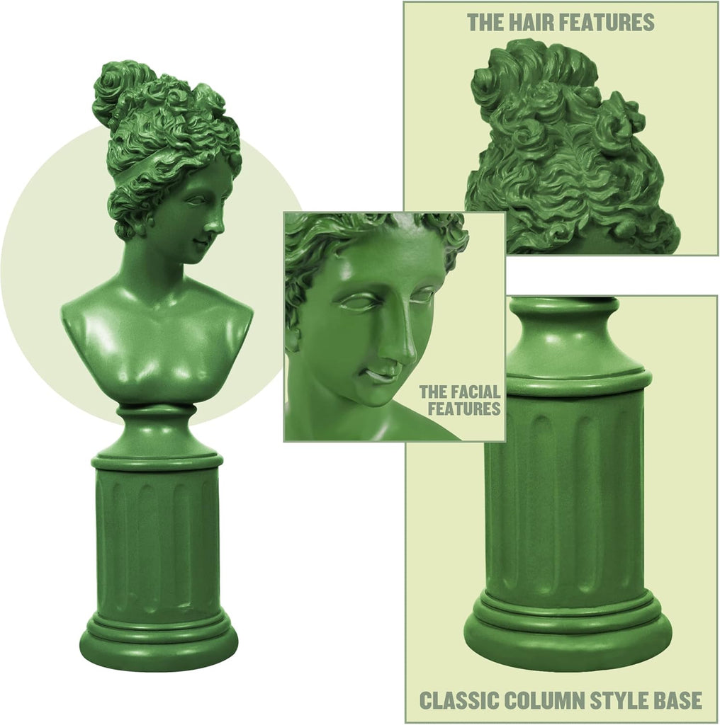 Green Female Bust Statue, Modern Classical Home Decor, 12.5'' Tall | Decorative Women Sculpture, Home Accent Décor
