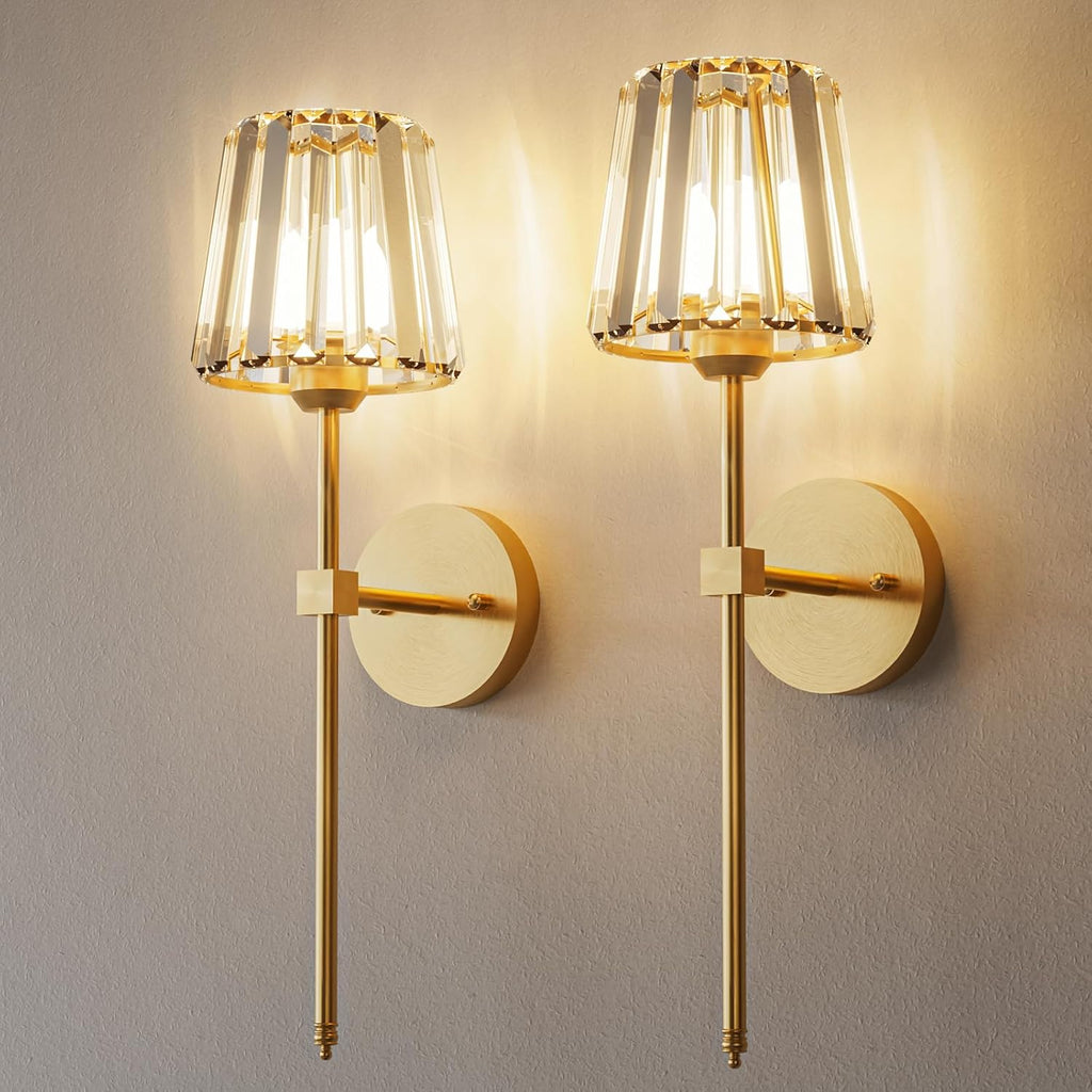 Crystal Battery Operated Wall Sconces Set of 2, Gold Rechargeable Wireless Wall Sconce Lights with Crystal Lampshade