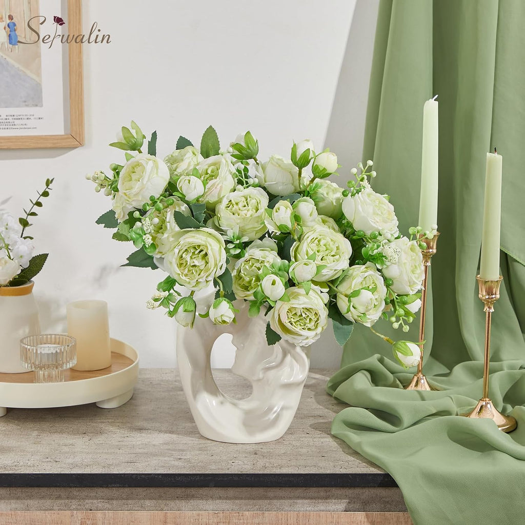 Bunches Peonies Artificial Flowers, Silk Green Peonies Bouquet Faux Flowers Bulk for Table Centerpieces Wedding - Set of 4