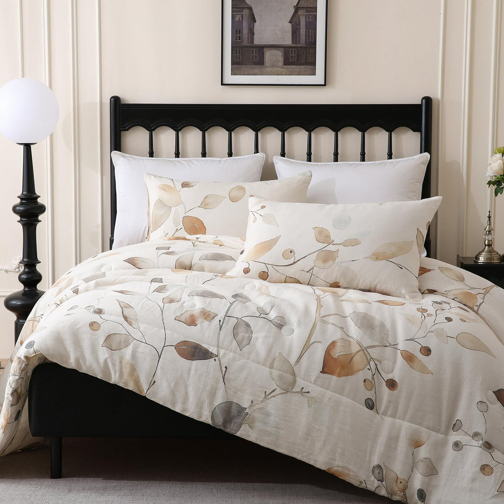 Linen Leaves Comforter Set Queen Size 3 Pieces Natural French Flax Linen Bedding Soft Breathable Moisture Wicking
