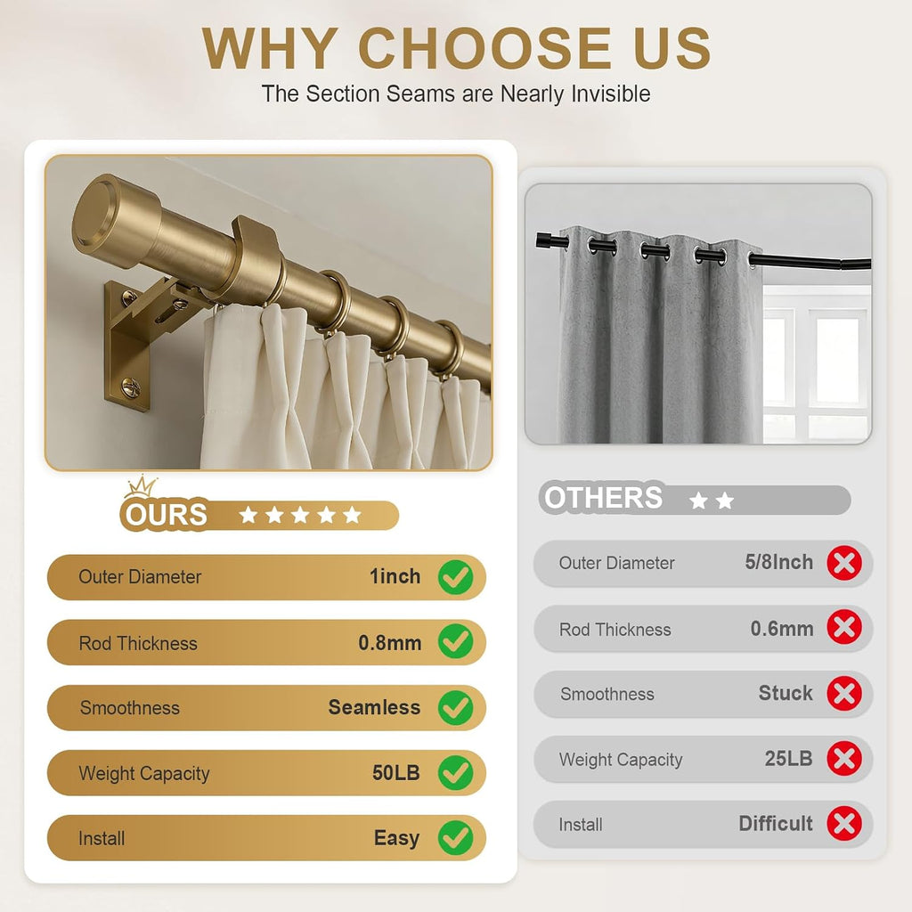 Warm Gold Brass Curtain Rod 36-144 Inches Adjustable, 1" Diameter Heavy Duty Window Rod with Solid Aluminum Finials &